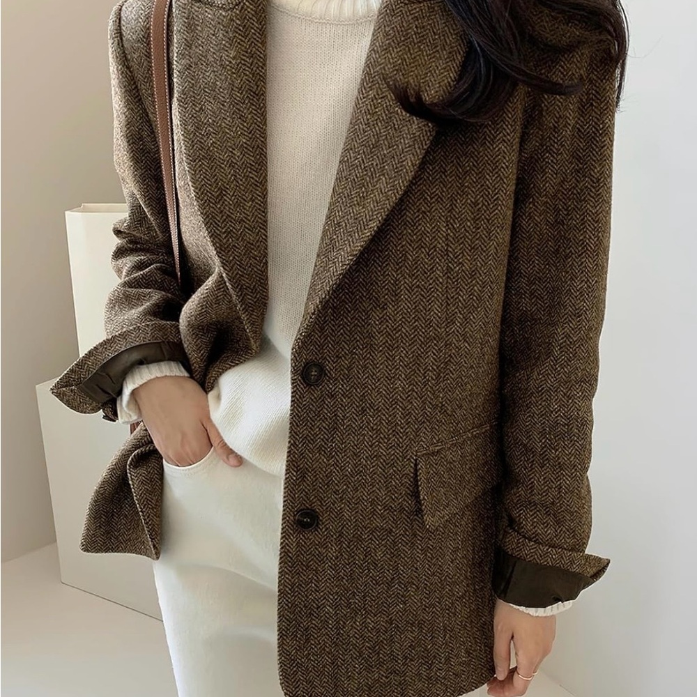 Women's Brown Herringbone Single-Button Blazer - image 6